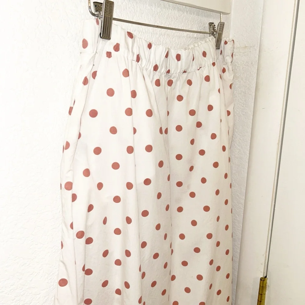 J. Crew White Pink Polka Dot Cotton Maxi Skirt Pockets Side Slit Size M - Picture 11 of 13